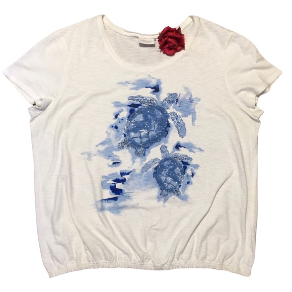 Chico’s Sea Turtle Top Ocean graphic embellished blue & white Lg (3) EUC - Picture 1 of 10